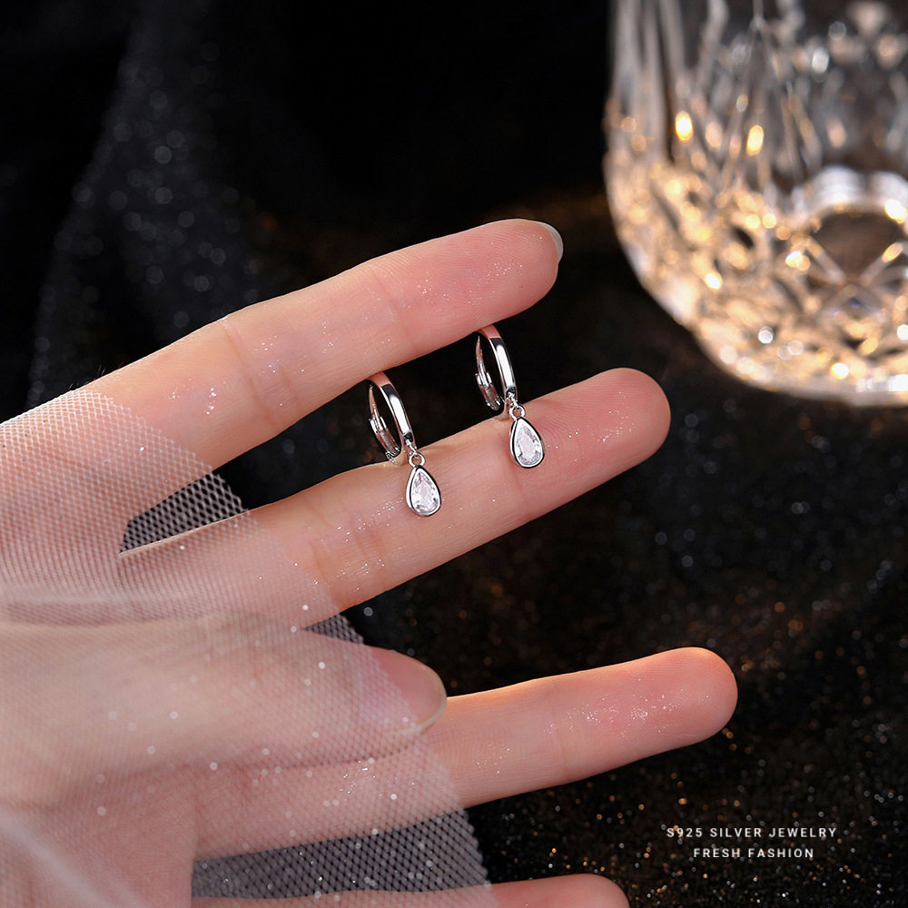 s925纯银水滴锆石耳环女轻奢小众