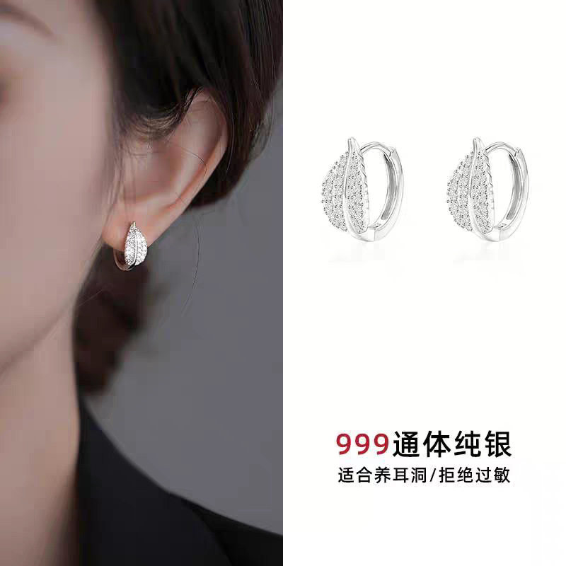 s999纯银闪钻树叶耳扣女森系轻奢