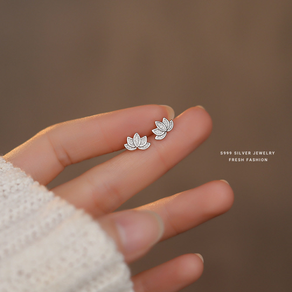 s999足银森系莲花耳钉女简约小清