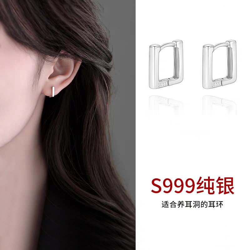 s999纯银几何方形耳圈女简约小巧