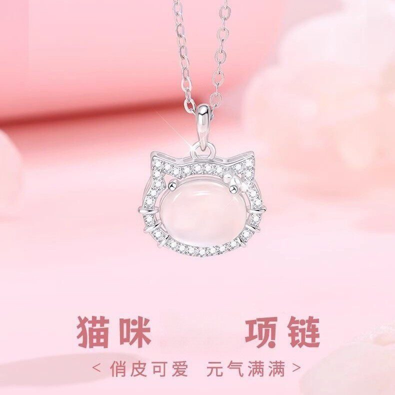 S999玉髓猫咪纯银项链女高级甜美