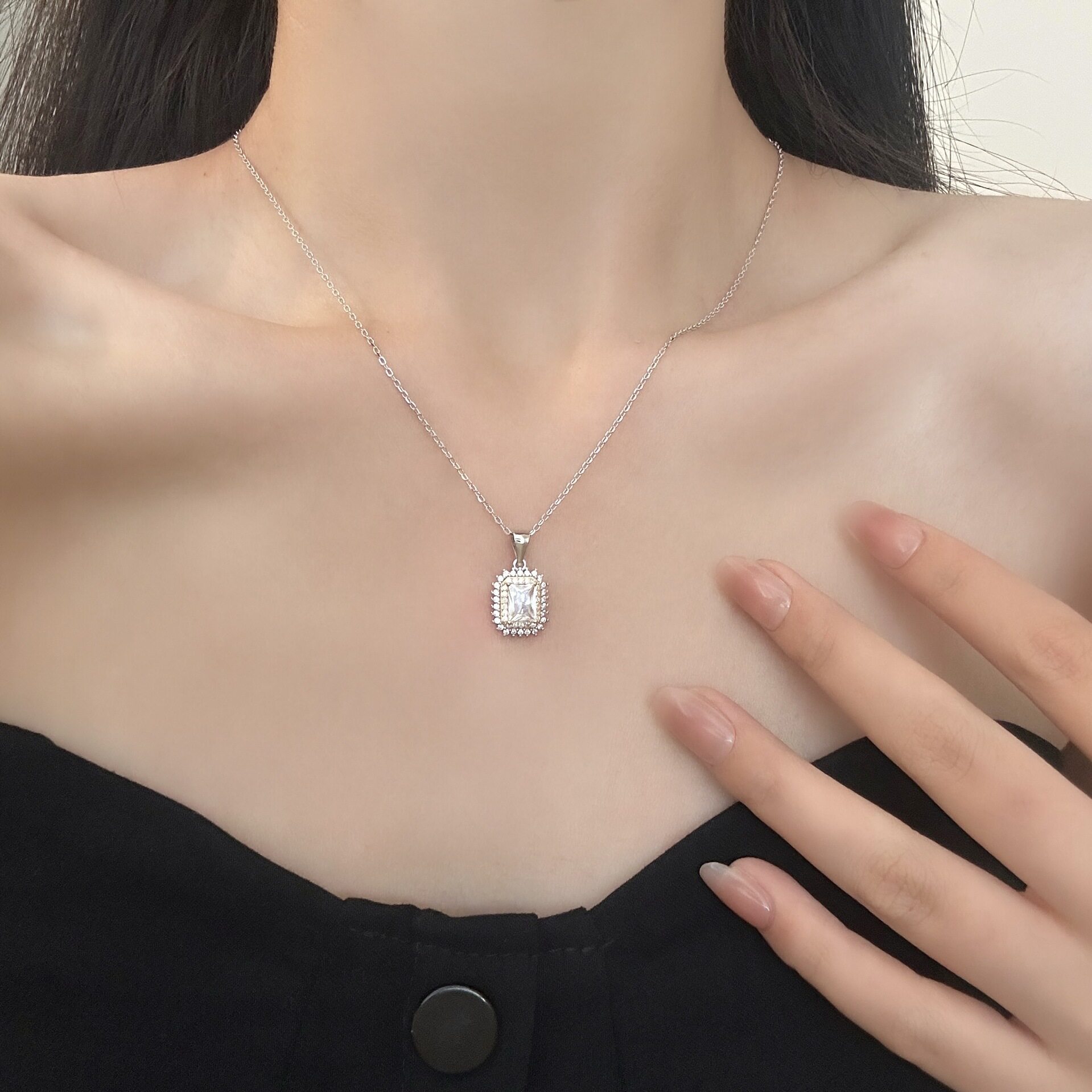 s925纯银几何方形钻项链女轻奢高