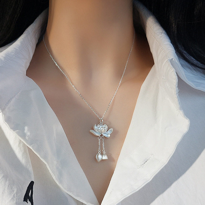 s925纯银莲花流苏项链女新中式传