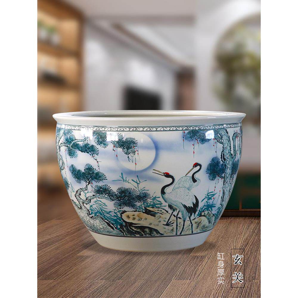 景德镇手绘松河延年陶瓷大鱼缸客厅书画缸庭院龟莲花盆景