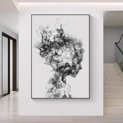 黑白灰创意艺术理发店发廊挂画玄关抽象人物墙面壁画美发店装饰画