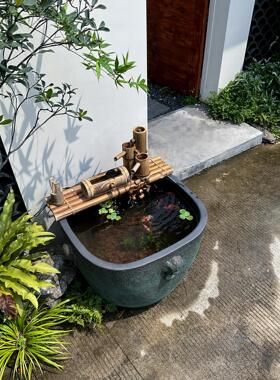古法鱼缸中式古风庭院阳台全套生态循环流水兰寿金鱼荷花陶瓷方缸