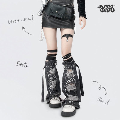 Solost 辣妹破洞灰色牛仔腿套女款春夏y2k复古做旧亚文化绑带袜套