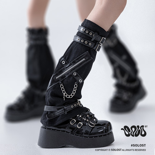 Solost 黑色牛仔拉链腿套女春夏亚文化y2k皮扣绑带微喇机能风袜套
