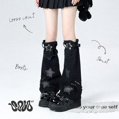 Solost 星星皮扣黑色牛仔腿套女款春夏亚文化y2k辣妹拖地堆堆袜套