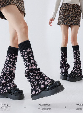 Solost 黑色豹纹堆堆袜套纯棉秋冬保暖日系y2k辣妹微喇显瘦小腿套