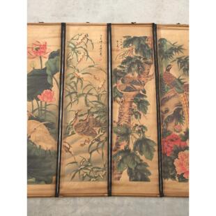 潘天寿古画荷花鸟四条屏挂画覆古农村堂屋家用客厅装饰彷古中堂画