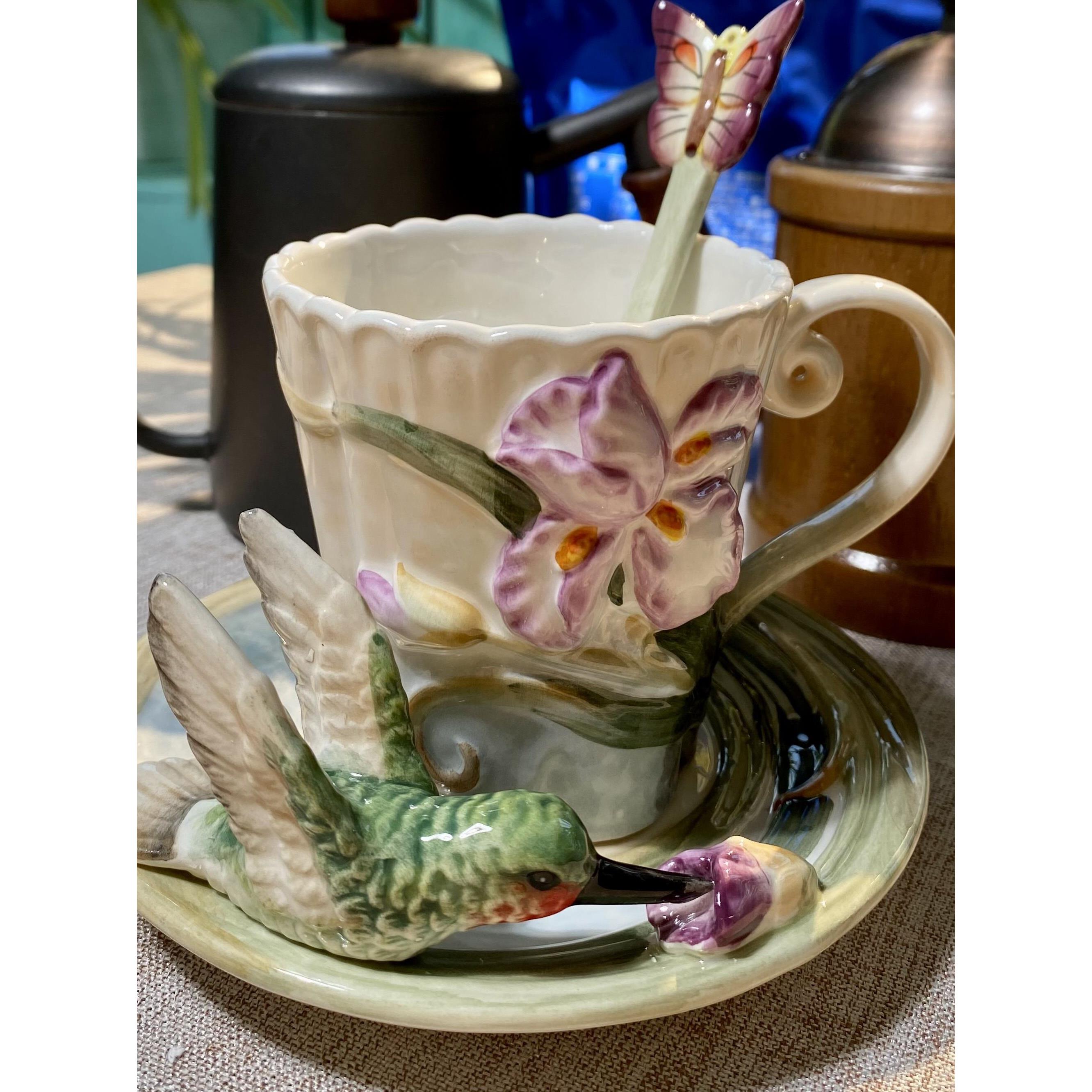方雅特色手工蜂鸟带勺陶瓷咖啡杯茶杯水杯牛奶杯家庭礼物的朋友礼