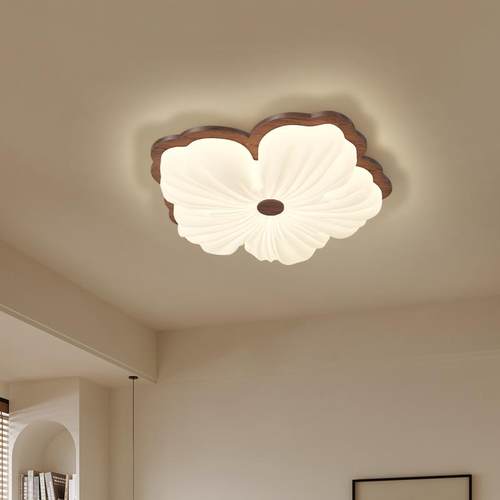 极简实木卧室吸顶灯全光谱护眼花朵主卧房间灯覆古胡桃木纹主卧灯