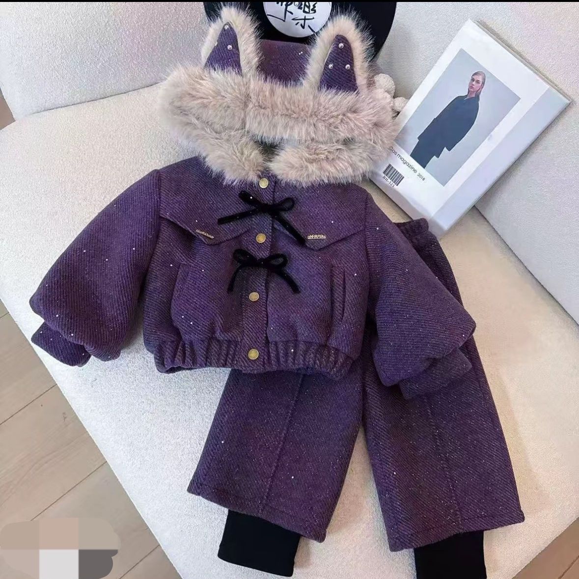 女童冬季套装2025新款小女孩韩版时髦拼接款儿童加厚外套长裤套装