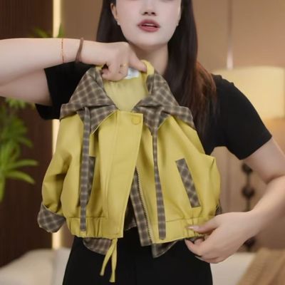 2025秋季爆款韩版工装连帽男女宝宝时尚潮流帅气百搭拼接皮衣外套