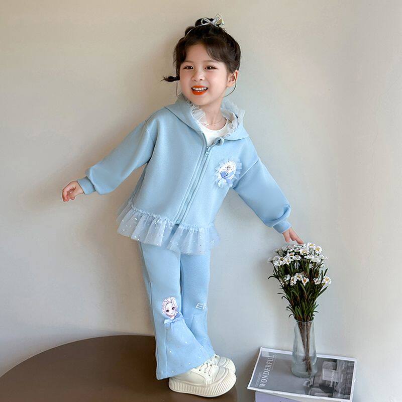 女童卫衣套装春装时髦洋气儿童艾莎公主外套春秋宝宝喇叭裤两件套