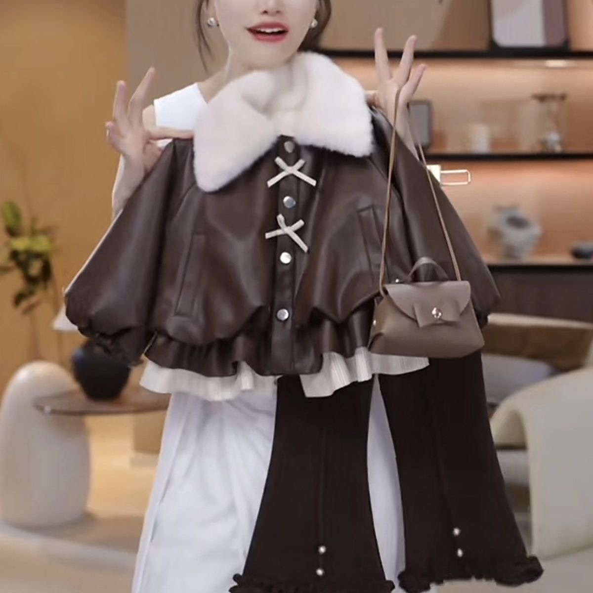 女童新款冬款套装2025冬季洋气儿童加绒皮衣外套加厚裤子宝宝两件