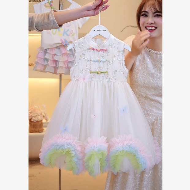 女童彩虹公主裙儿童夏季蓬蓬连衣裙洋气时髦夏天裙子宝宝生日礼服