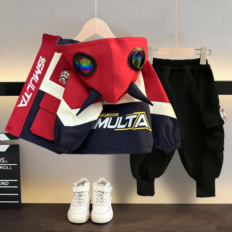 亮灯奥特曼衣服男童套装春秋款2026新款儿童春装工装冲锋衣两件套