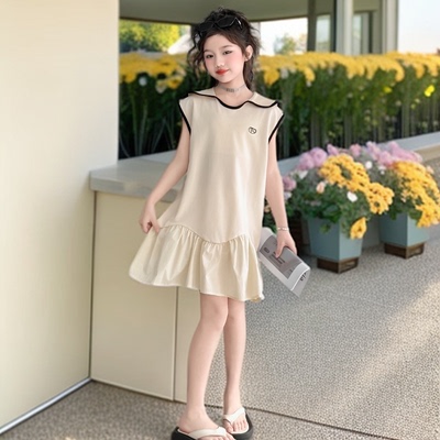 女童超级好看的裙子杏色高级感夏季2025新款儿童学院风无袖连衣裙