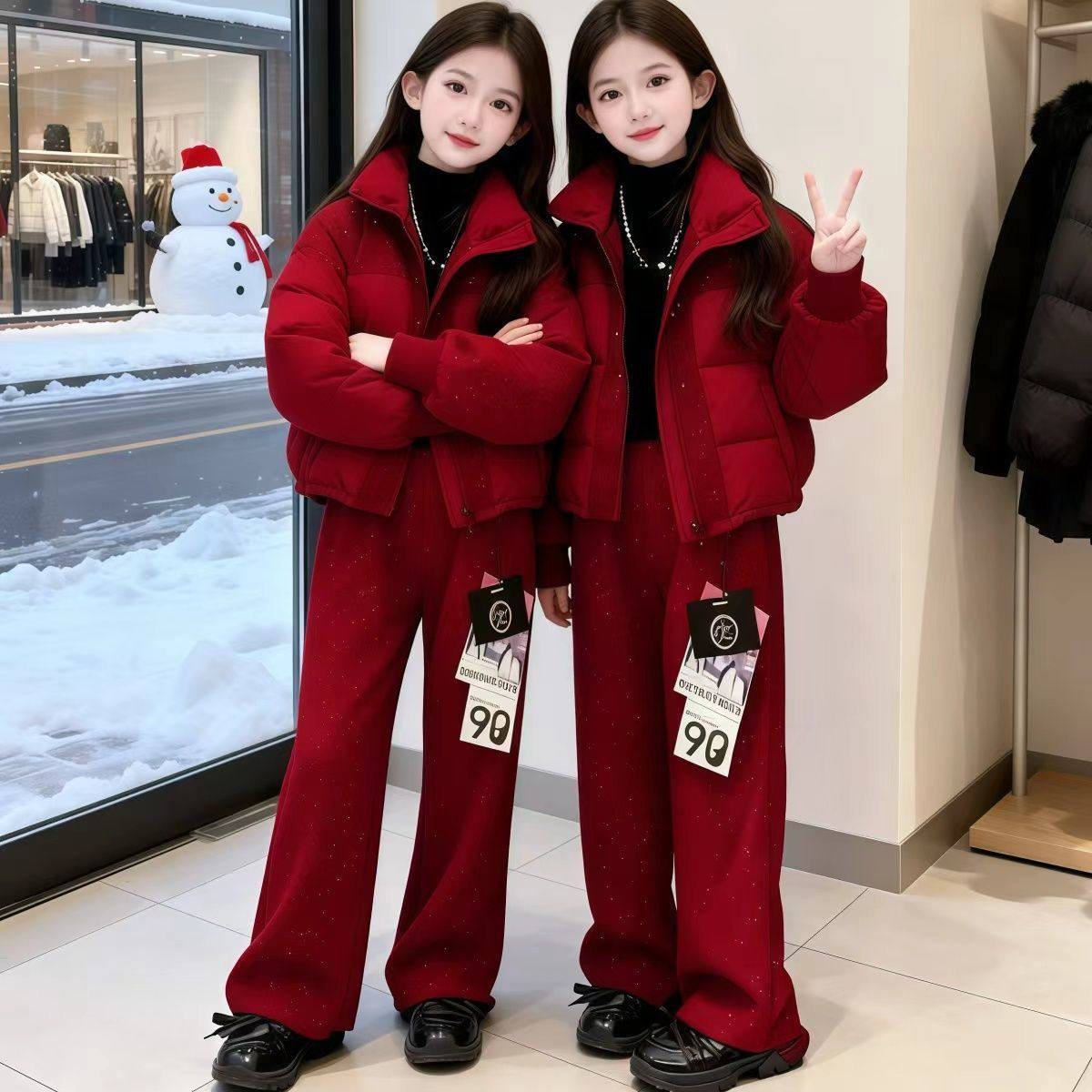 2025红色女童冬季棉衣套装新款外套两件套满天星短款棉服中大童潮