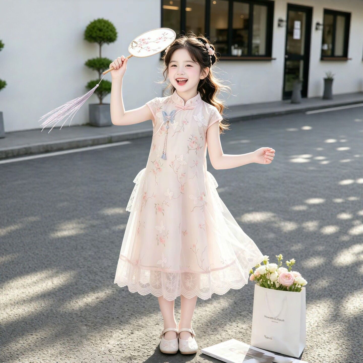 女童短袖旗袍连衣裙夏季2026新款儿童新中式蕾丝蝴蝶国风公主裙潮