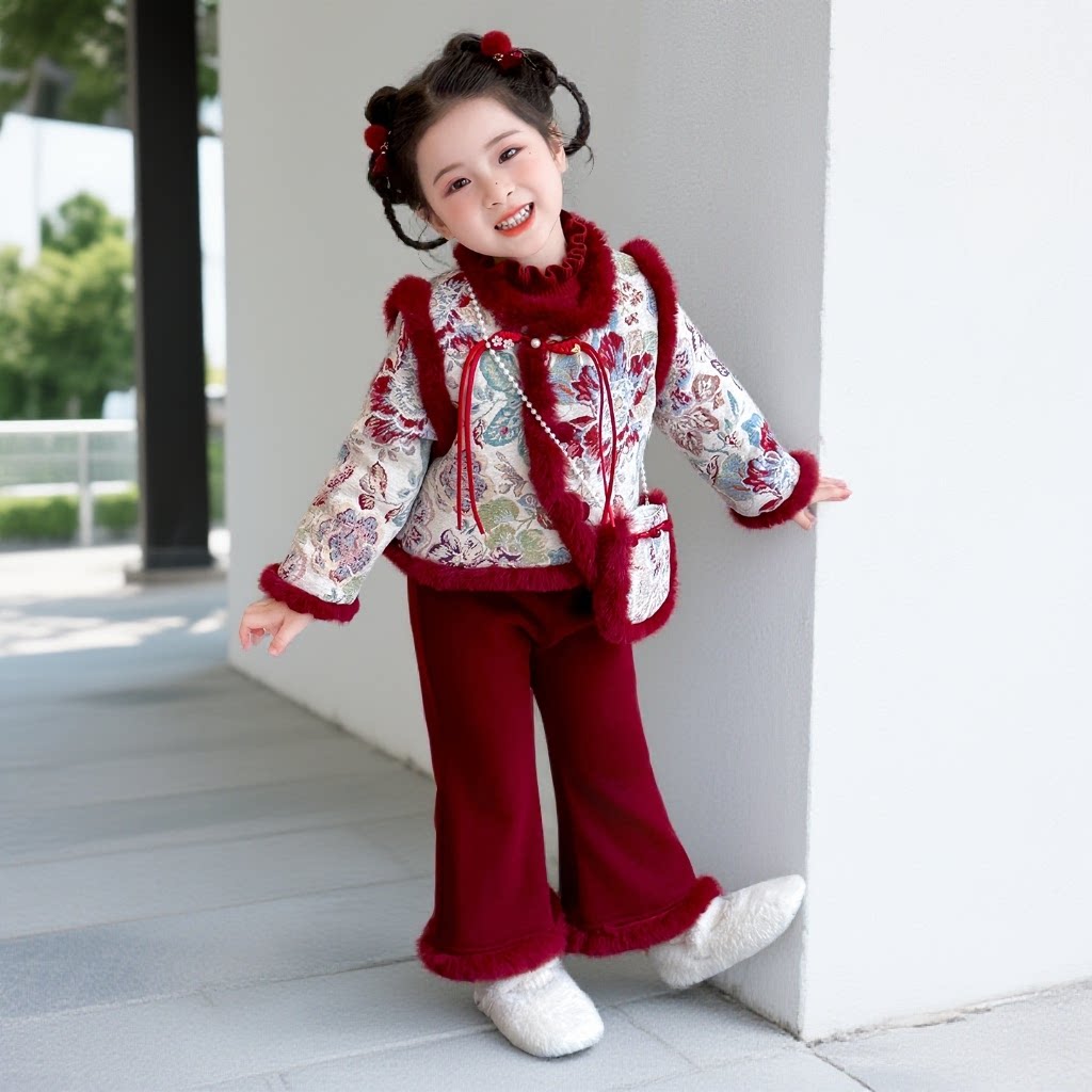 女童唐装年服套装冬季新款女宝宝加绒加厚新中式汉服喜庆过年衣服