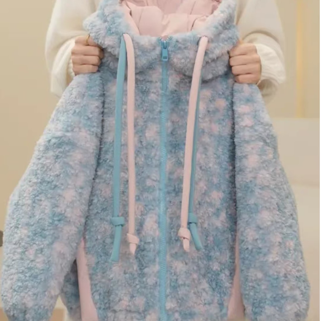 女童加绒加厚毛毛衣连帽外套冬季洋气棉服中大童女孩冬装保暖棉衣