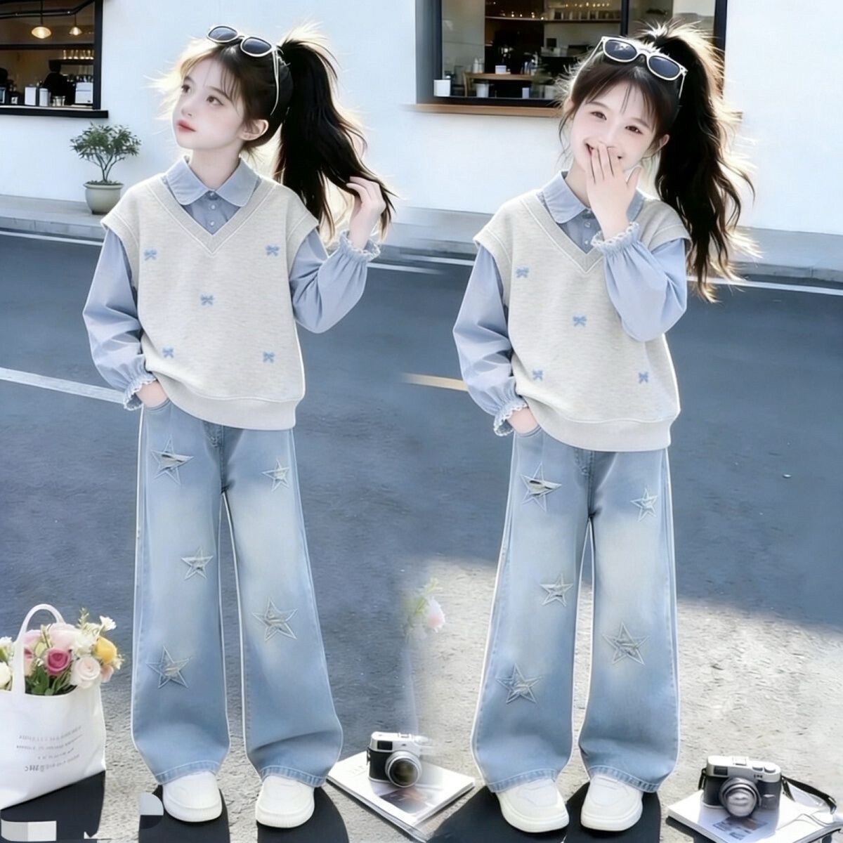 女童春秋套装2026新款儿童洋气时髦马甲衬衫上衣绣花牛仔裤三件套