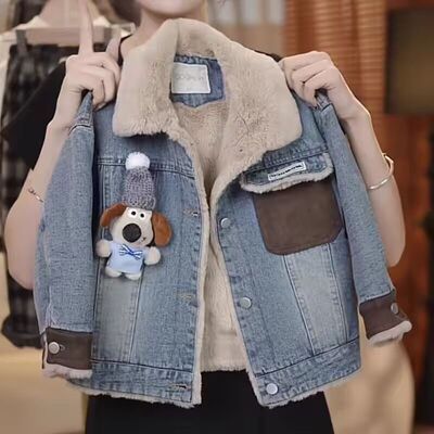 儿童牛仔加绒外套2025秋冬季新款男女童小狗保暖牛仔宝宝牛仔上衣