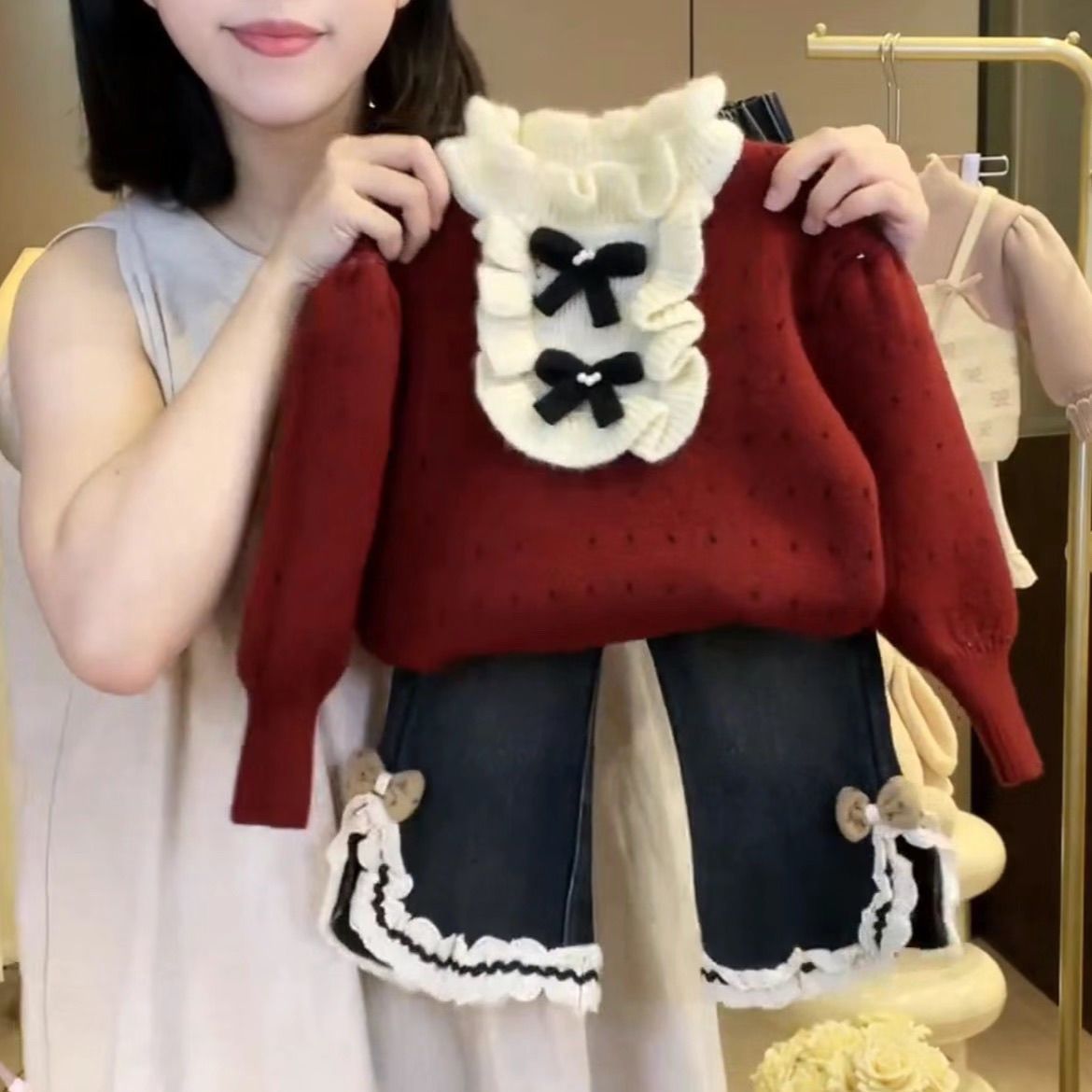 女宝宝加厚蝴蝶结毛衣套装2026冬季儿童冬装上衣女童韩版两件套