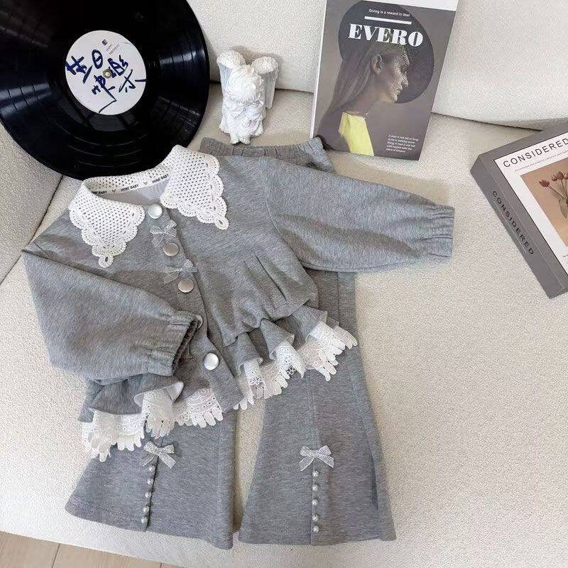 女童春装套装2026新款韩系洋气女宝宝休闲蕾丝卫衣喇叭裤两件套潮