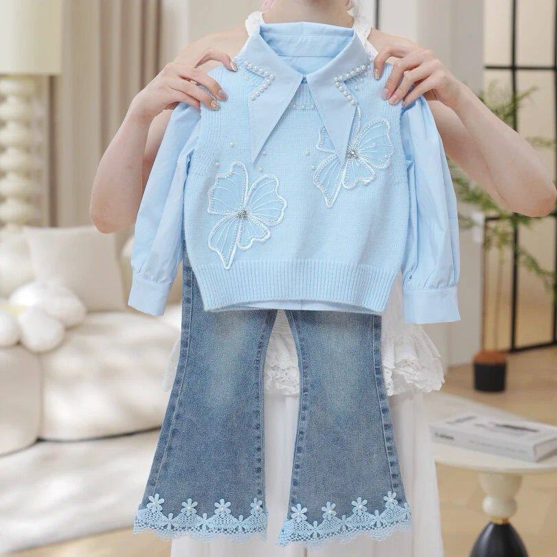 女童春装新款套装儿童韩版休闲宝宝甜美洋气衬衫马甲牛仔裤三件套
