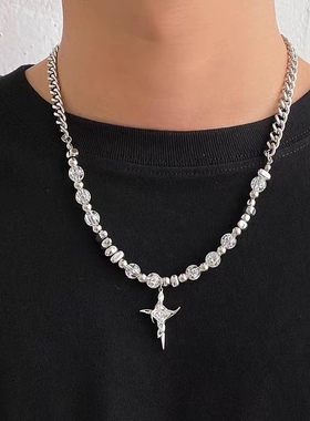 小众星体冰裂珠拼接十字架项链男嘻哈痞帅高级设计感锁骨链配饰女
