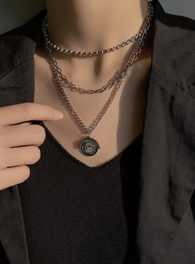 欧美钛钢多层圆牌硬币百搭毛衣链