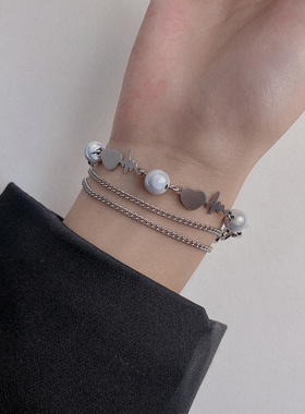 欧美嘻哈双层链条反光女爱心手链