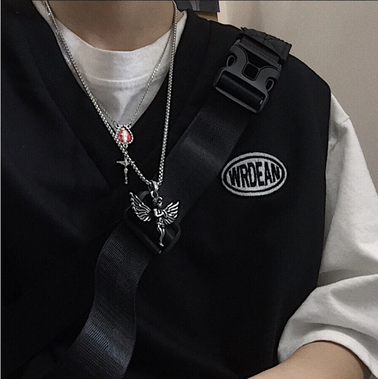 网红同款ins个性嘻哈街头复古翅膀小天使项链 丘比特吊坠配饰