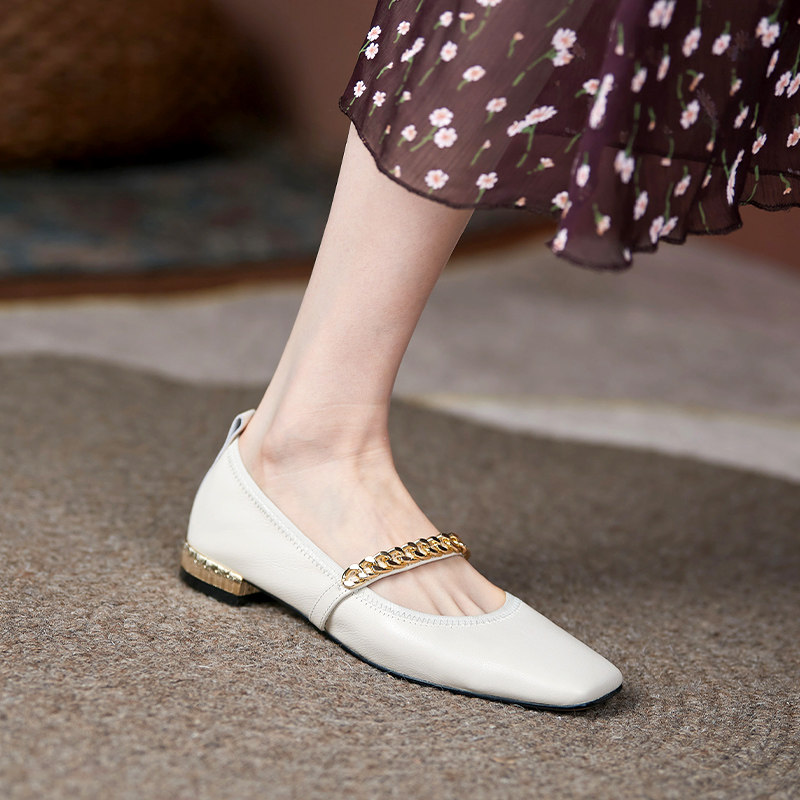 软皮奶奶鞋女白色方头浅口低跟法式玛丽珍单鞋仙女风芭蕾舞平底鞋