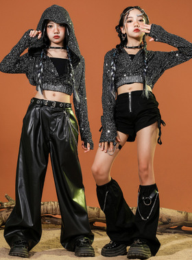 少儿爵士舞服装走秀潮酷女孩机车风皮裤套装jazz元旦街舞潮服套装