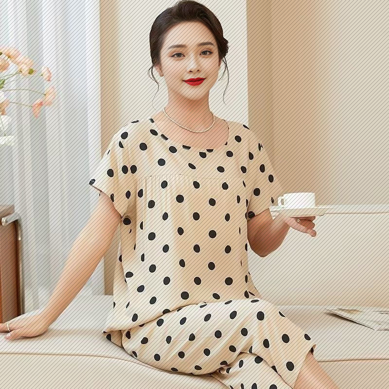 妈妈睡衣女款夏季棉绸大码中老年人短袖套装碎花条纹家居服
