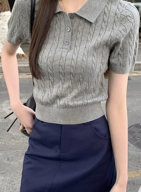 老钱风polo领麻花纹针织短袖女春夏季正肩打底小个子短款T恤上衣