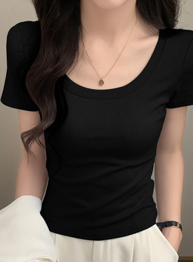 嫩黄色U领正肩漏锁骨T恤女2025夏季修身纯欲气质显白上衣辣妹短袖