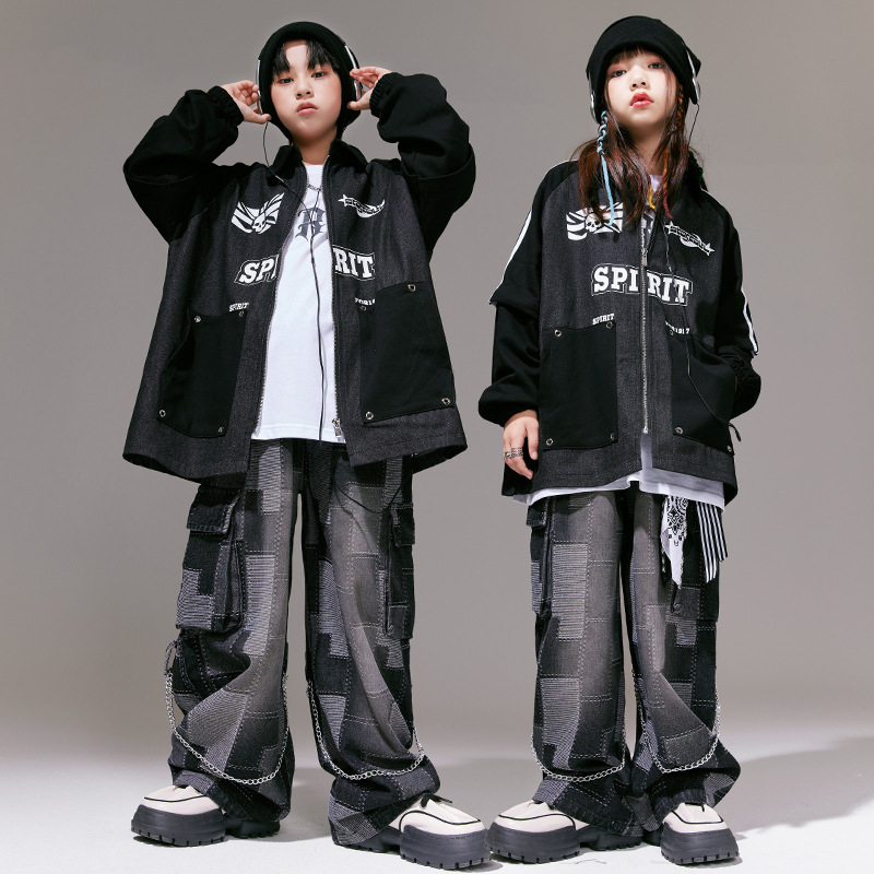街舞儿童hiphop嘻哈童装男童滑板运动黑色夹克套装女童演出服