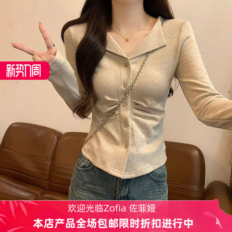 纯棉POLO领褶皱长袖修身T恤女
