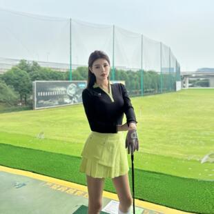 顯瘦翻領網球套裝 運動黑色透氣衣服彈尚百褶裙 高爾夫修身 春秋季