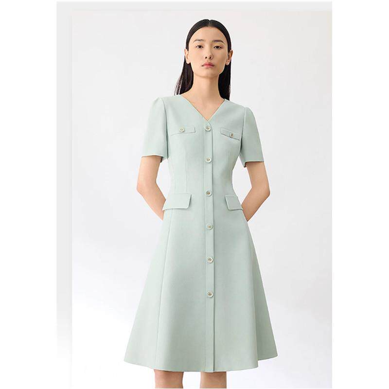 女装2025夏季新款法式V领时尚气质收腰显瘦小香风高级短袖连衣裙