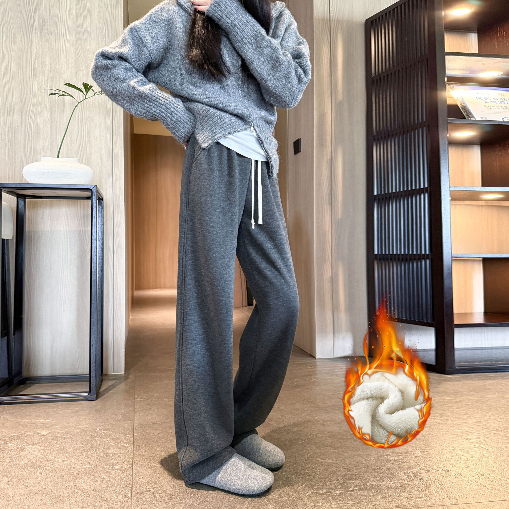 羊羔绒裤子女冬季加厚羊毛阔腿裤