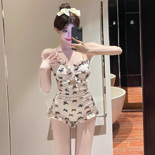 2026泳衣女款 连体吊带抹胸可爱木耳花边蝴蝶印花显瘦温泉度假