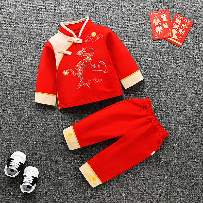 男宝宝一周岁宴礼服春夏龙抓周服图片