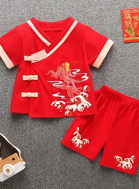 男宝宝婴儿周岁礼服男孩红色衣服套装生日抓周宴中式服装女薄款夏